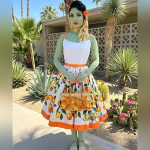 🍊"Orange County" Pin-Up Couture Jenny Dress Oranges Print L